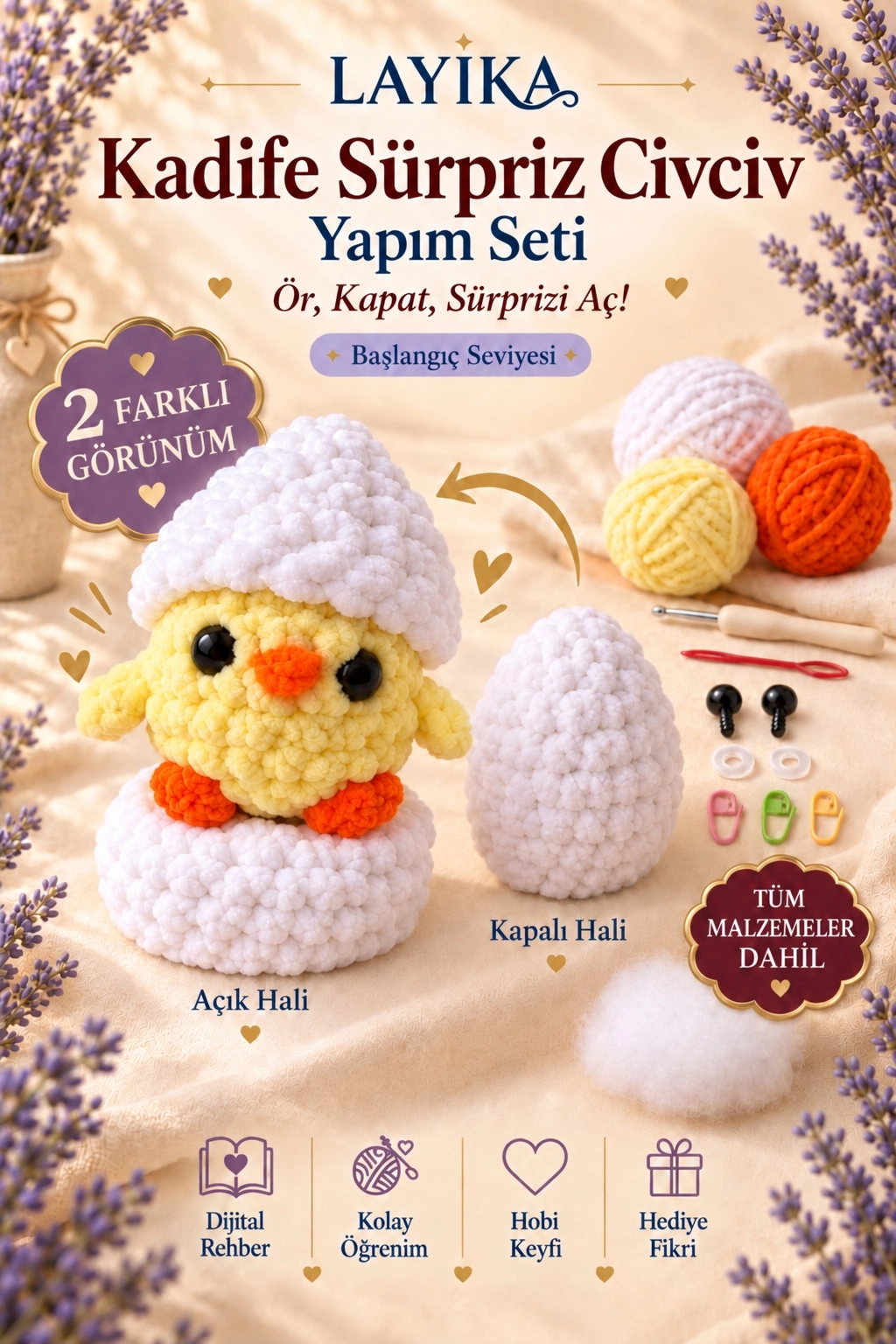 Kadife Sürpriz Civciv Örgü Kiti – Dijital Video Rehberli Amigurumi Yapım Seti