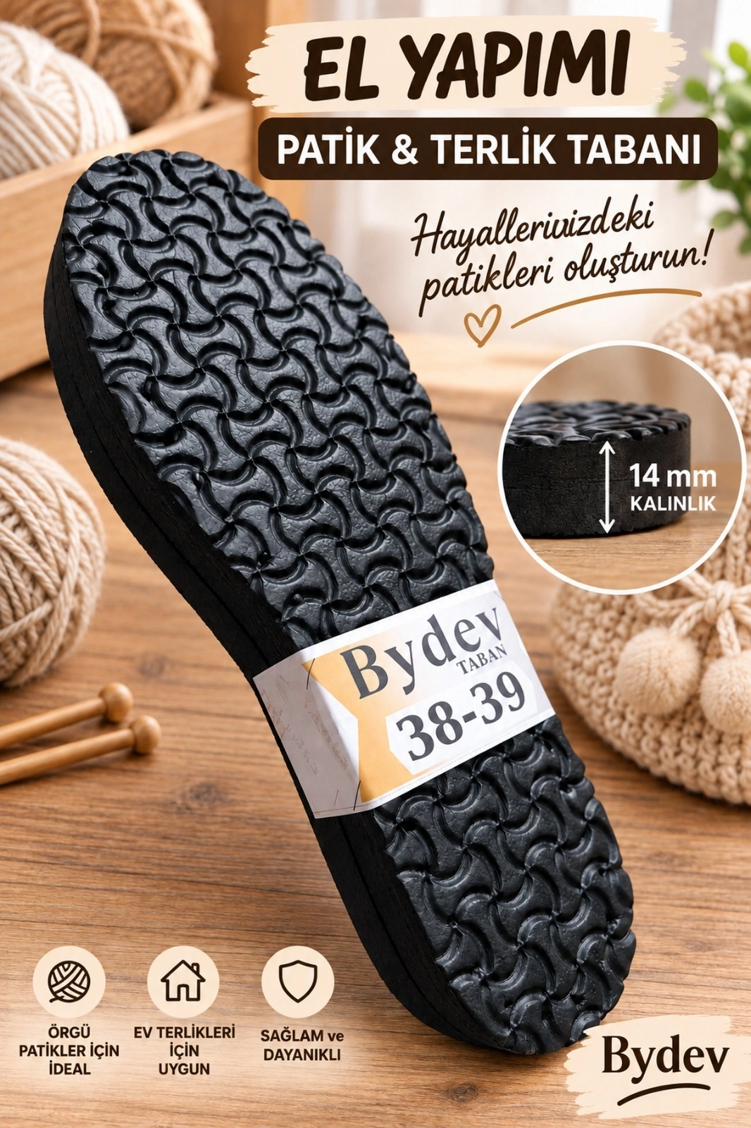 Örgü Patik-Bot ve Terlik Tabanı 14 mm Kalın Siyah Papyon Desenli Örgü Ev Terliği Tabanı