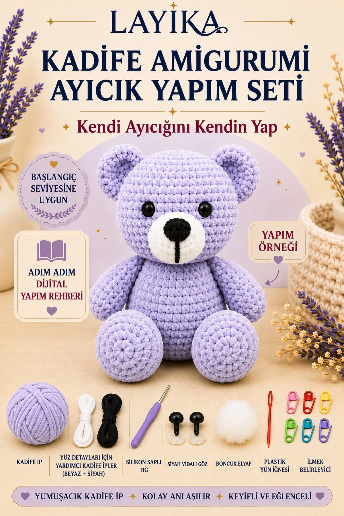Kadife Ayıcık Örgü Kiti – Başlangıç Seviyesi Dijital Rehberli Amigurumi Yapım Seti Set-A06