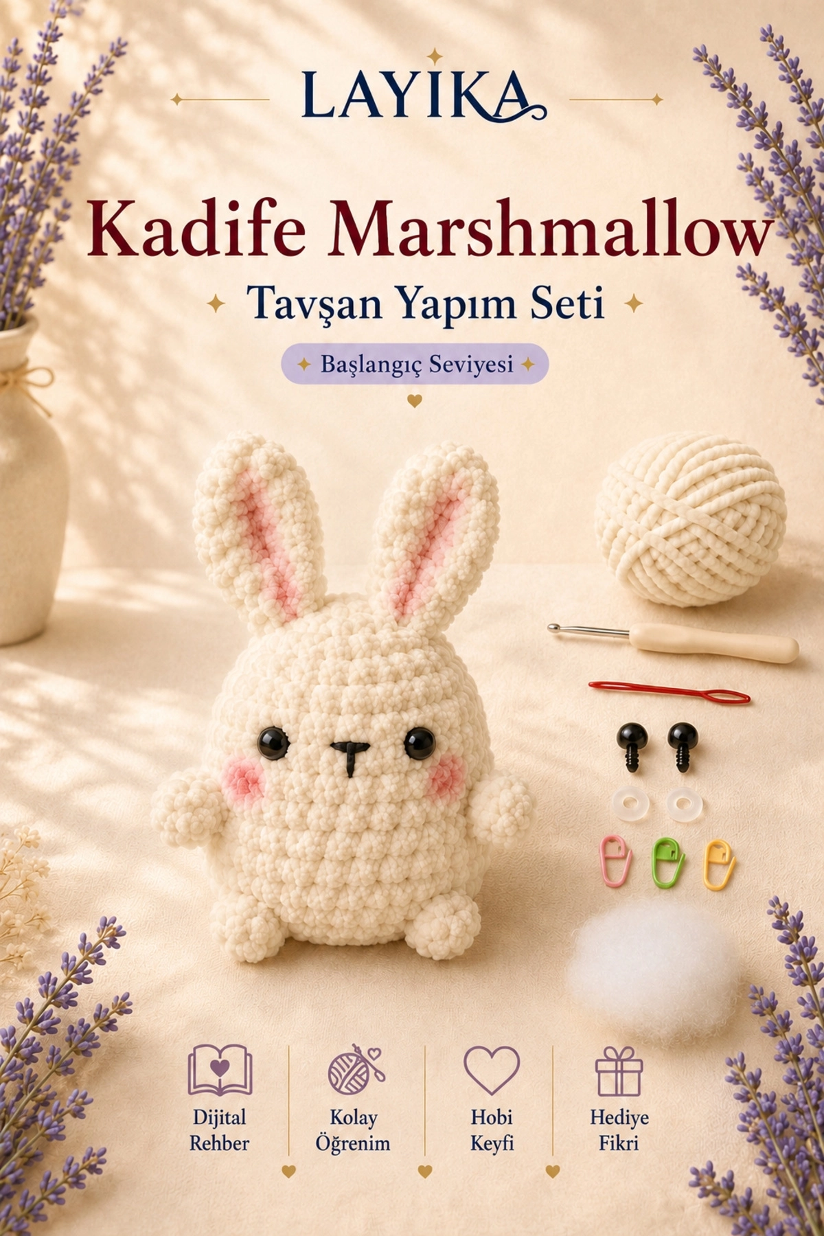 Kadife Marshmallow Tavşan Örgü Kiti – Video Rehberli Amigurumi Yapım Seti M05