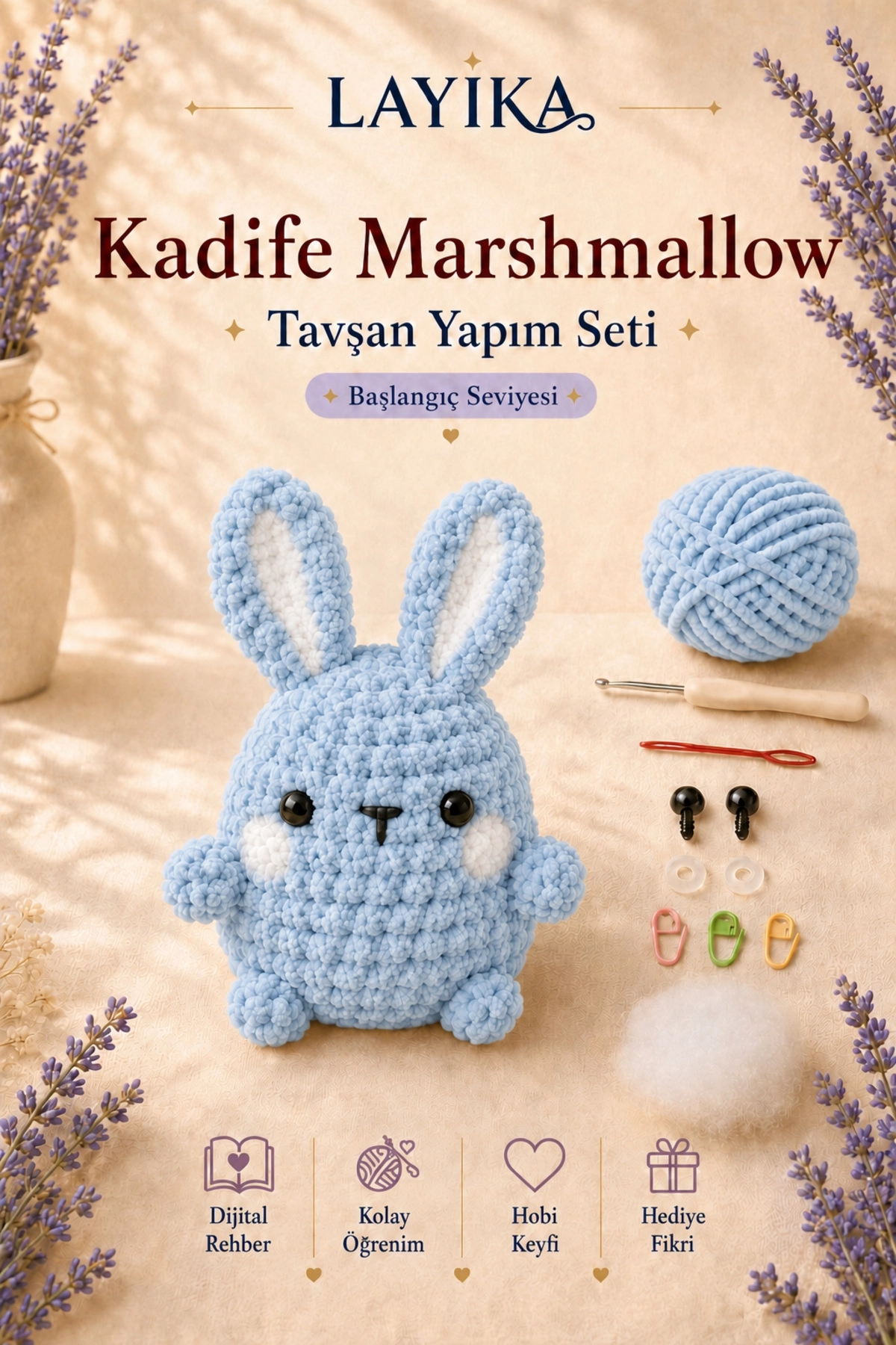 Kadife Marshmallow Tavşan Örgü Kiti – Video Rehberli Amigurumi Yapım Seti M10