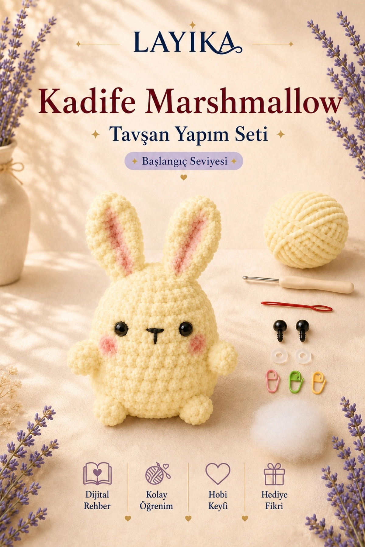 Kadife Marshmallow Tavşan Örgü Kiti – Video Rehberli Amigurumi Yapım Seti M09