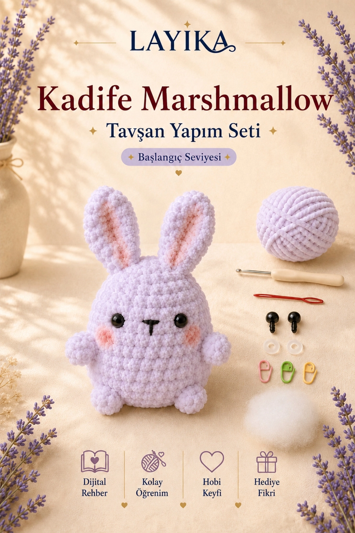 Kadife Marshmallow Tavşan Örgü Kiti – Video Rehberli Amigurumi Yapım Seti M03