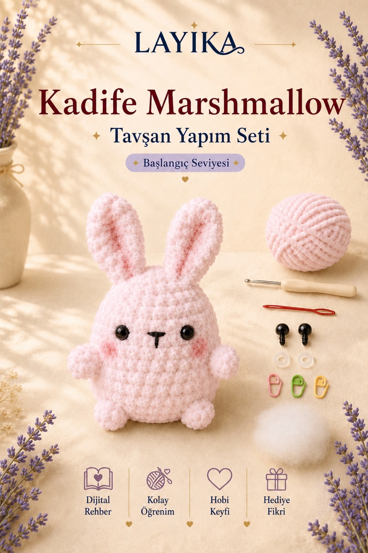 Kadife Marshmallow Tavşan Örgü Kiti – Video Rehberli Amigurumi Yapım Seti M02