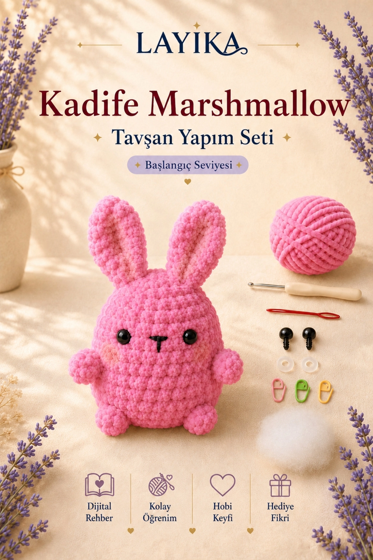 Kadife Marshmallow Tavşan Örgü Kiti – Video Rehberli Amigurumi Yapım Seti M07
