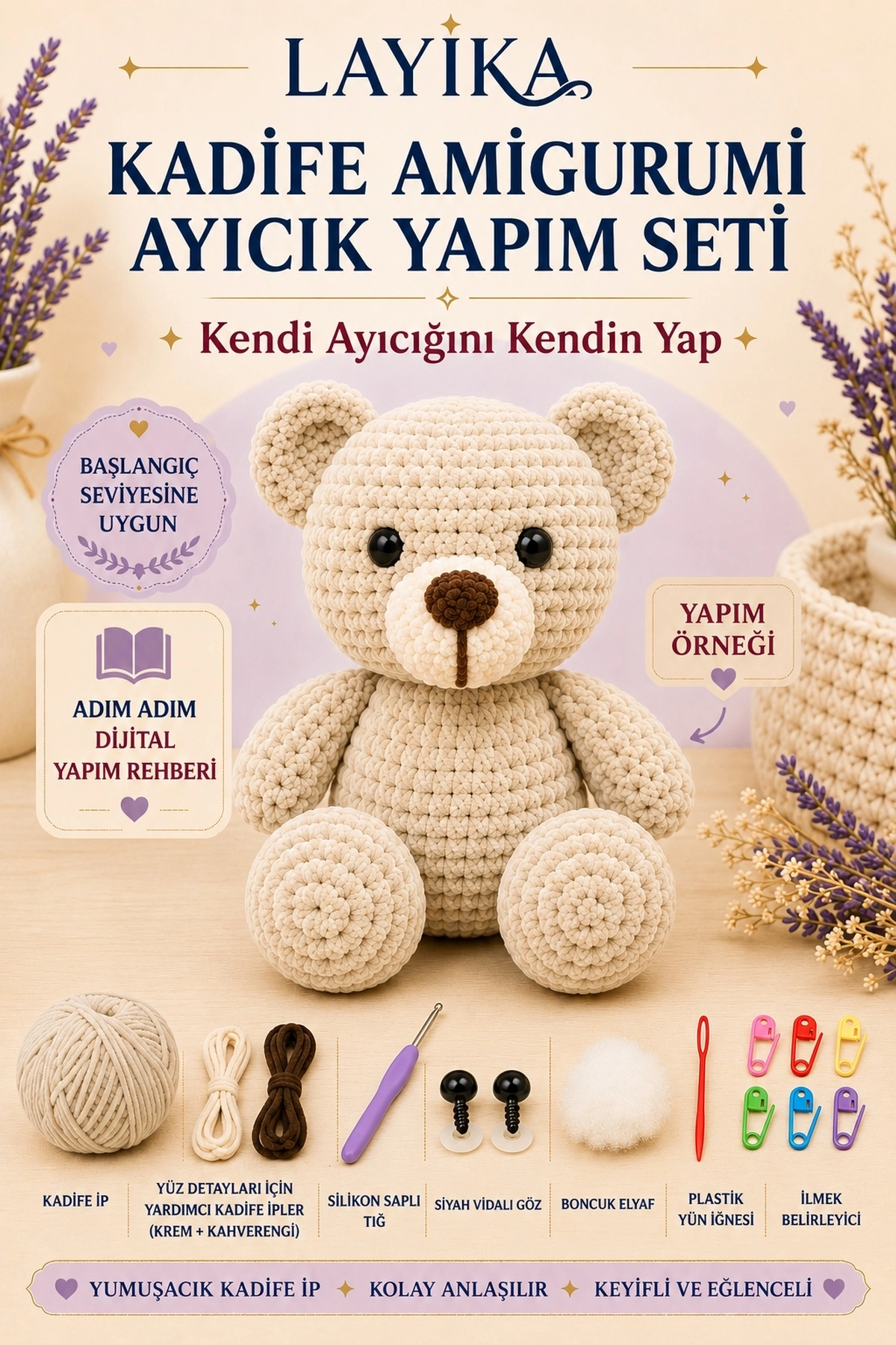 Kadife Ayıcık Örgü Kiti – Başlangıç Seviyesi Dijital Rehberli Amigurumi Yapım Seti Set-A01