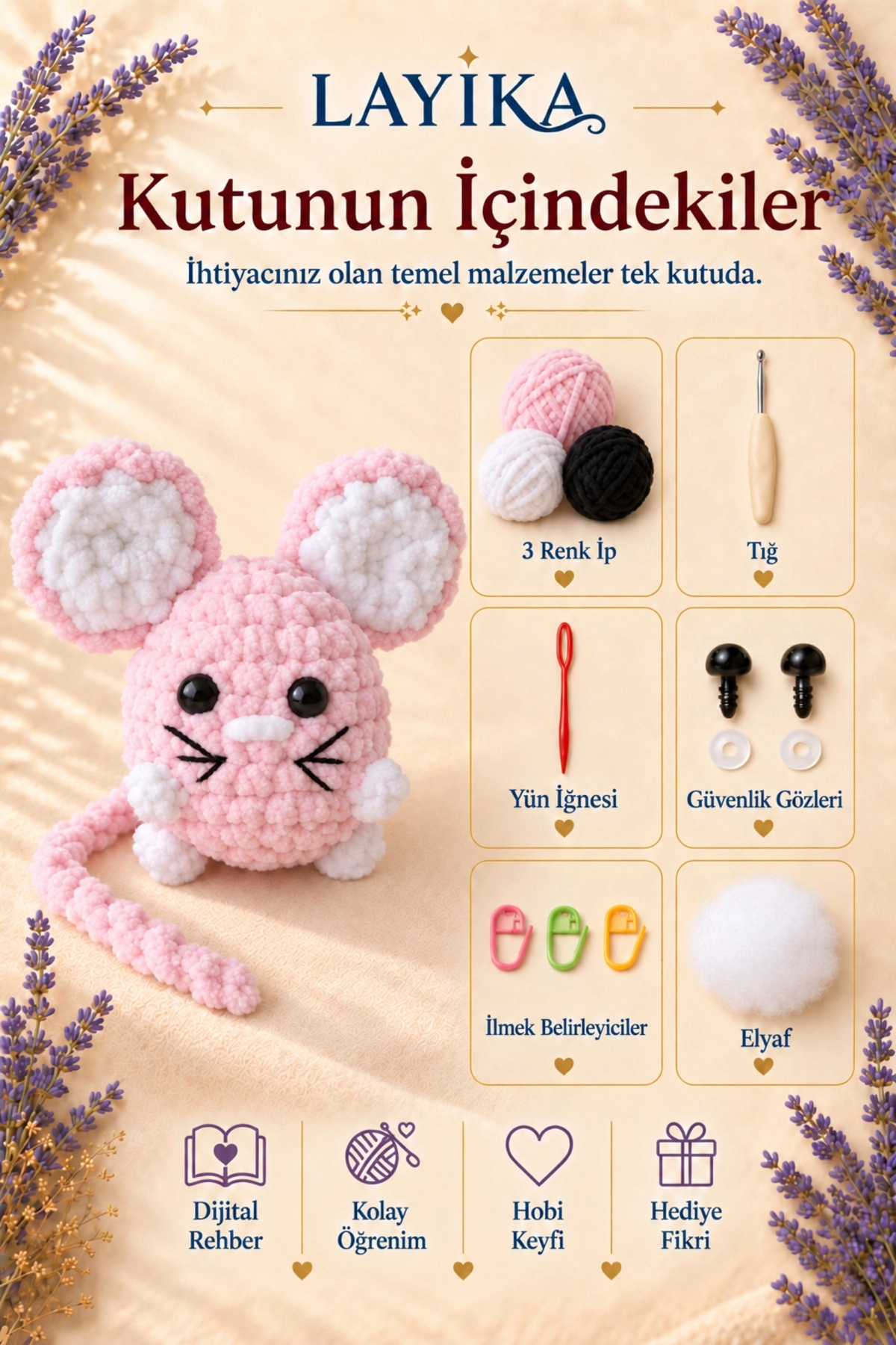 Kadife Minik Fare Amigurumi Örgü Kiti – Başlangıç Seviyesi Videolu Kendin Yap Hobi Seti