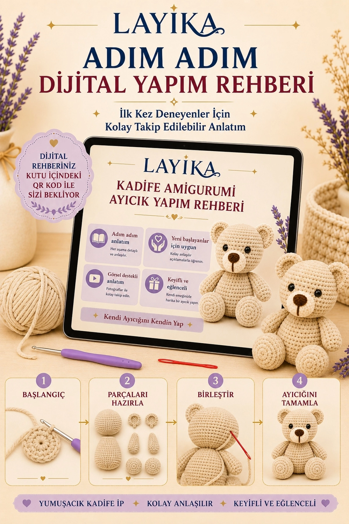 Kadife Ayıcık Örgü Kiti – Başlangıç Seviyesi Dijital Rehberli Amigurumi Yapım Seti Set-A01