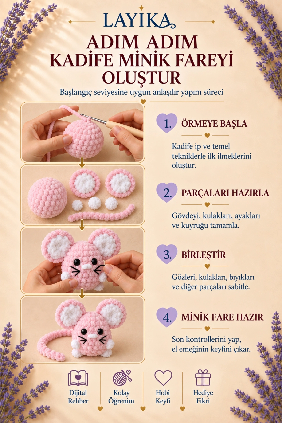 Kadife Minik Fare Amigurumi Örgü Kiti – Başlangıç Seviyesi Videolu Kendin Yap Hobi Seti