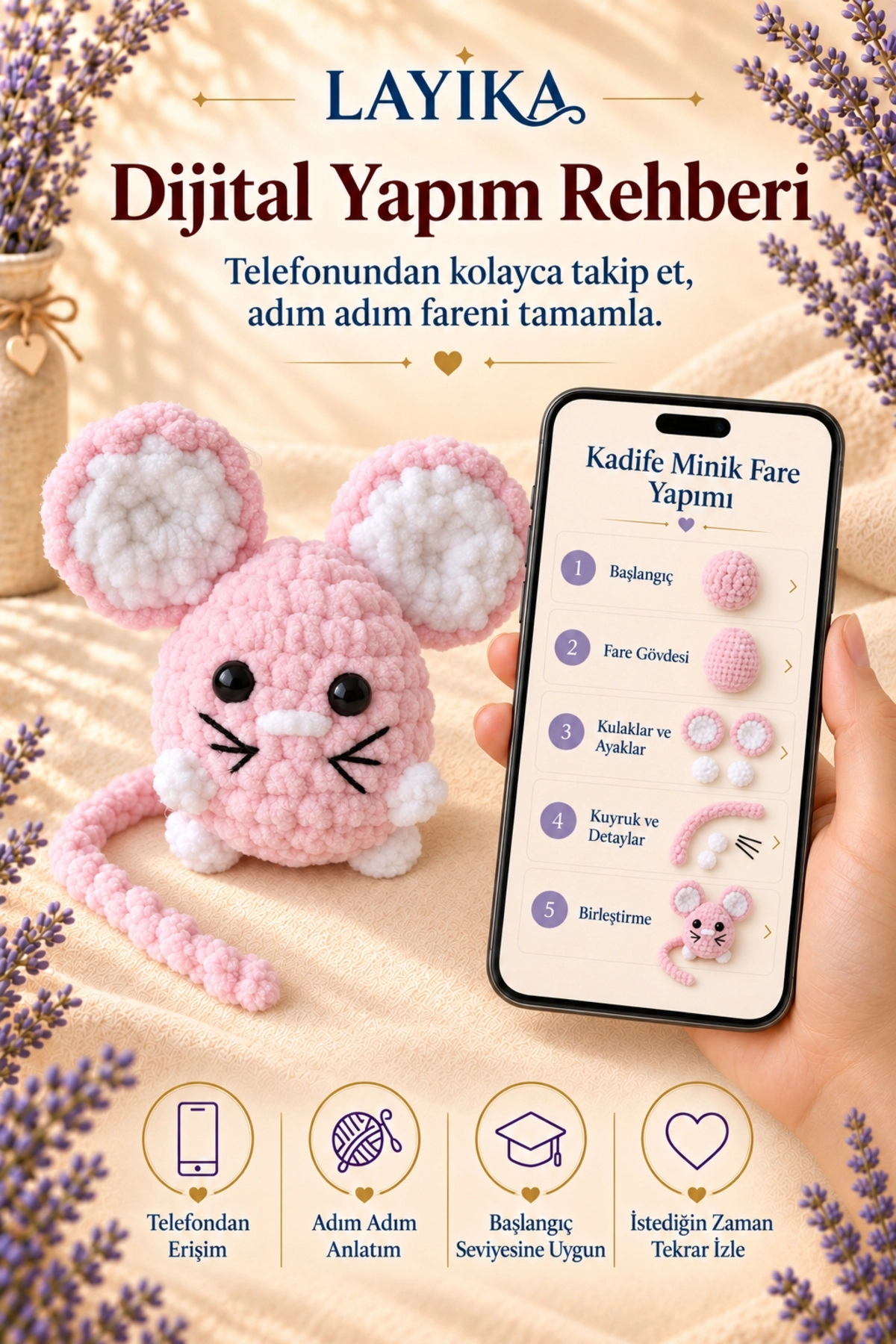 Kadife Minik Fare Amigurumi Örgü Kiti – Başlangıç Seviyesi Videolu Kendin Yap Hobi Seti