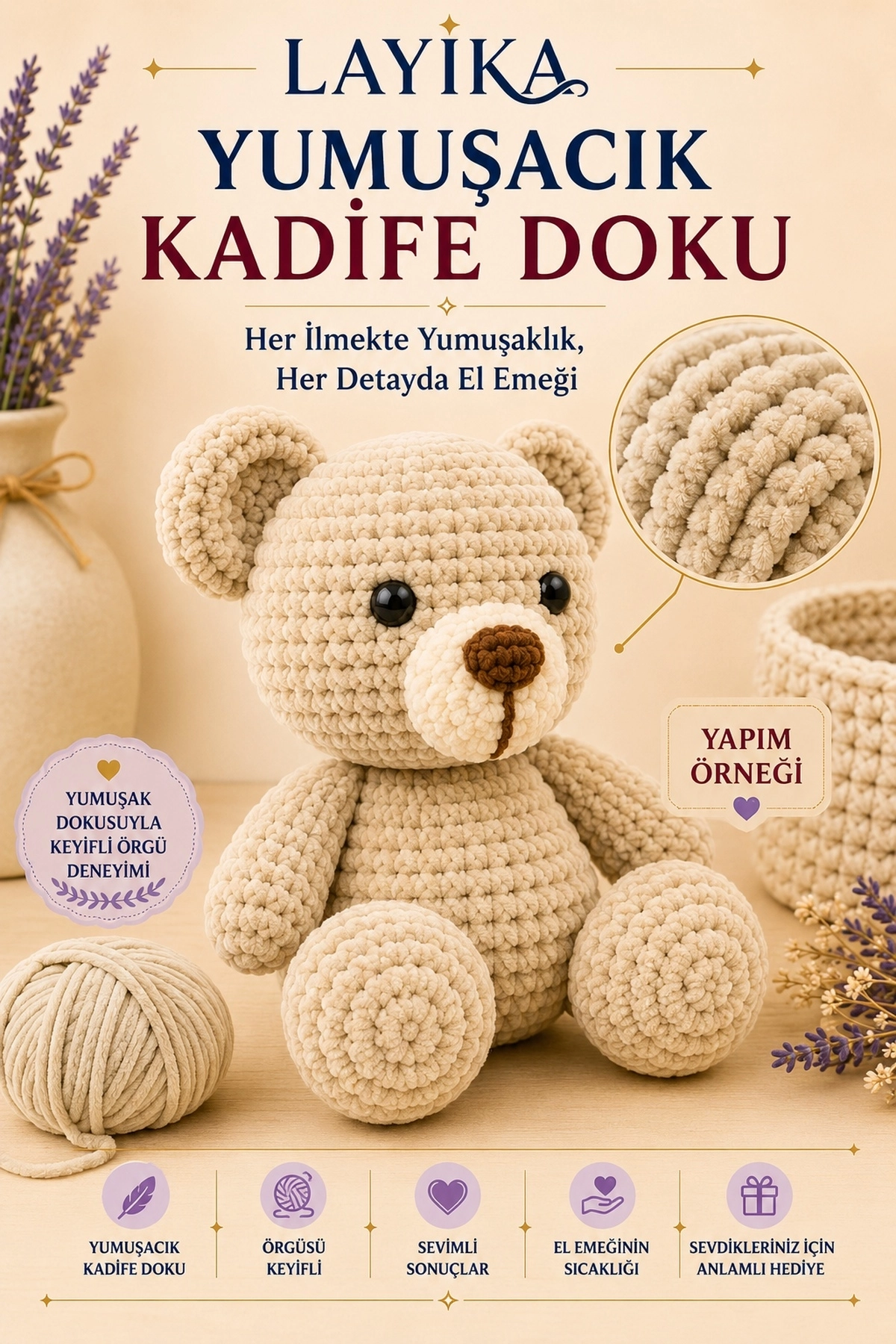 Kadife Ayıcık Örgü Kiti – Başlangıç Seviyesi Dijital Rehberli Amigurumi Yapım Seti Set-A01