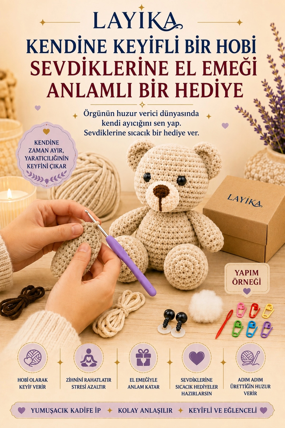 Kadife Ayıcık Örgü Kiti – Başlangıç Seviyesi Dijital Rehberli Amigurumi Yapım Seti Set-A01