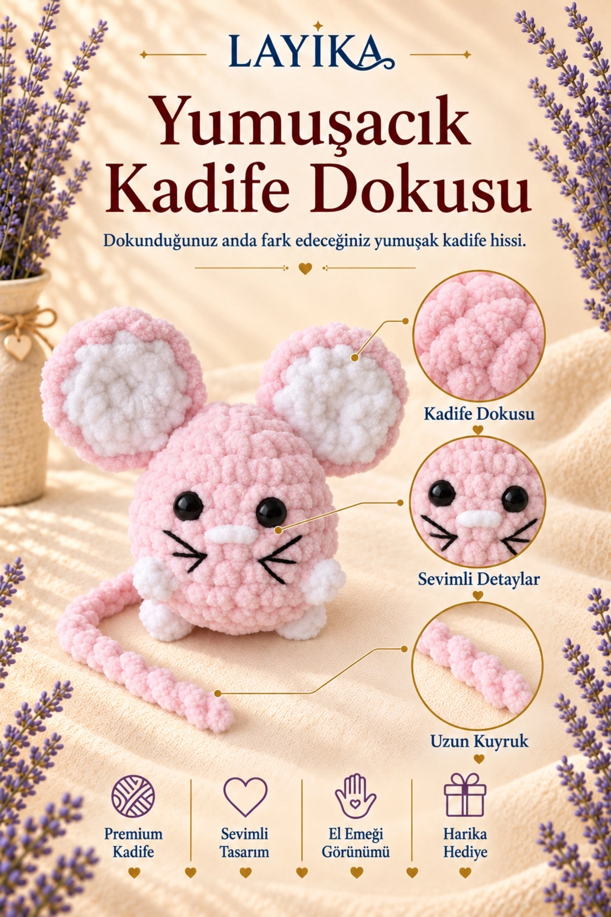 Kadife Minik Fare Amigurumi Örgü Kiti – Başlangıç Seviyesi Videolu Kendin Yap Hobi Seti