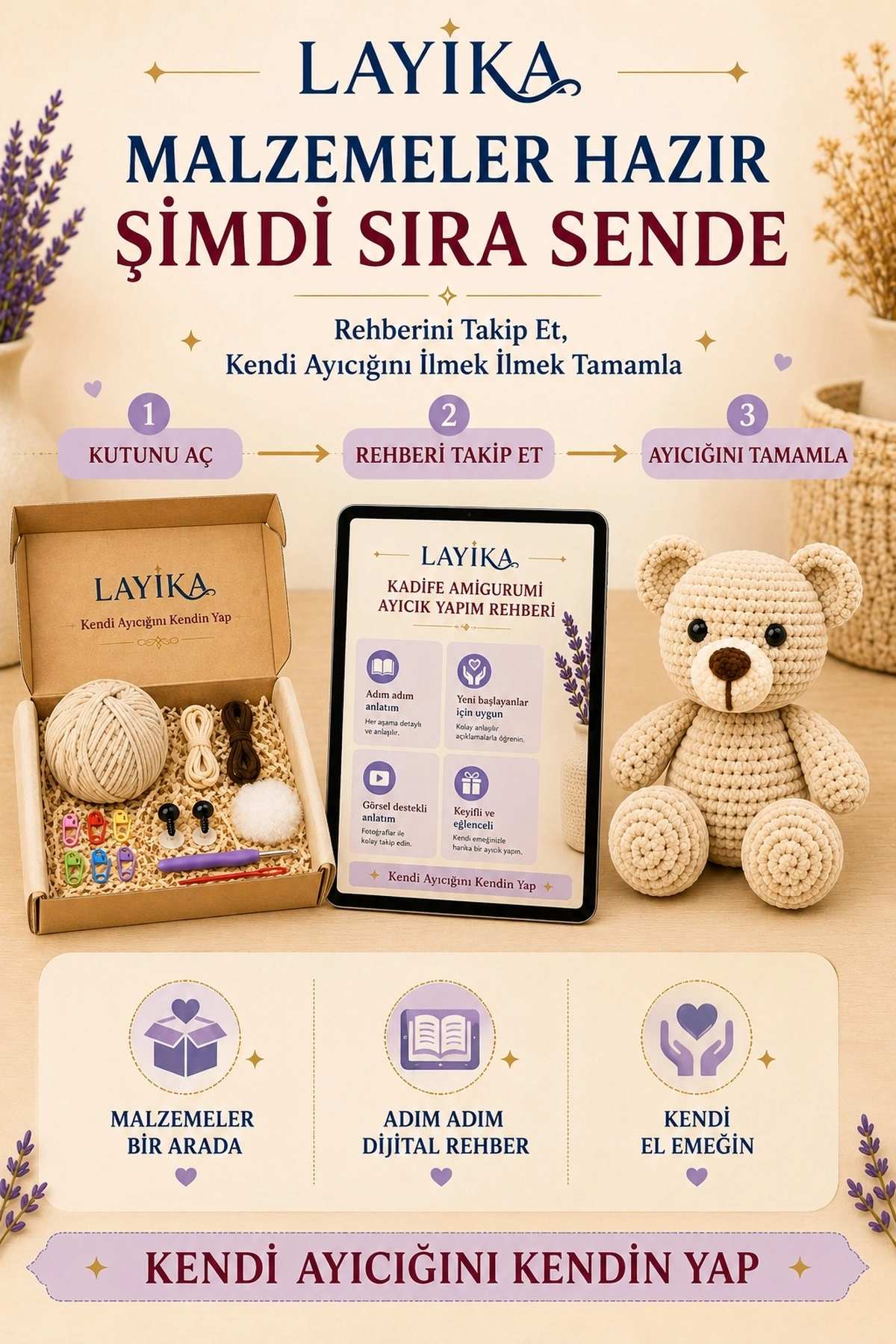 Kadife Ayıcık Örgü Kiti – Başlangıç Seviyesi Dijital Rehberli Amigurumi Yapım Seti Set-A01