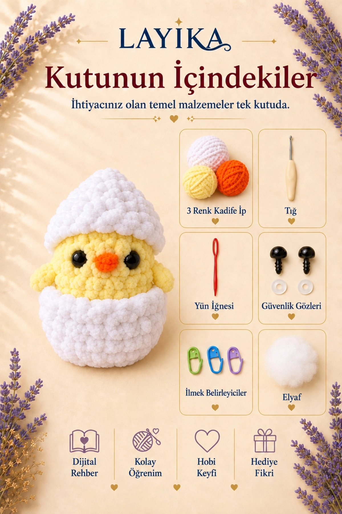 Kadife Sürpriz Civciv Örgü Kiti – Dijital Video Rehberli Amigurumi Yapım Seti