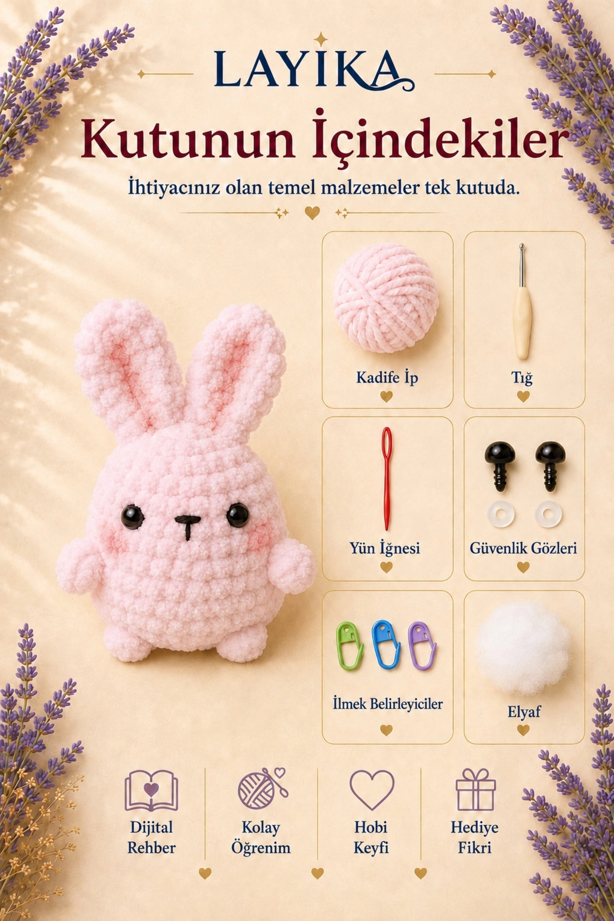 Kadife Marshmallow Tavşan Örgü Kiti – Video Rehberli Amigurumi Yapım Seti M02