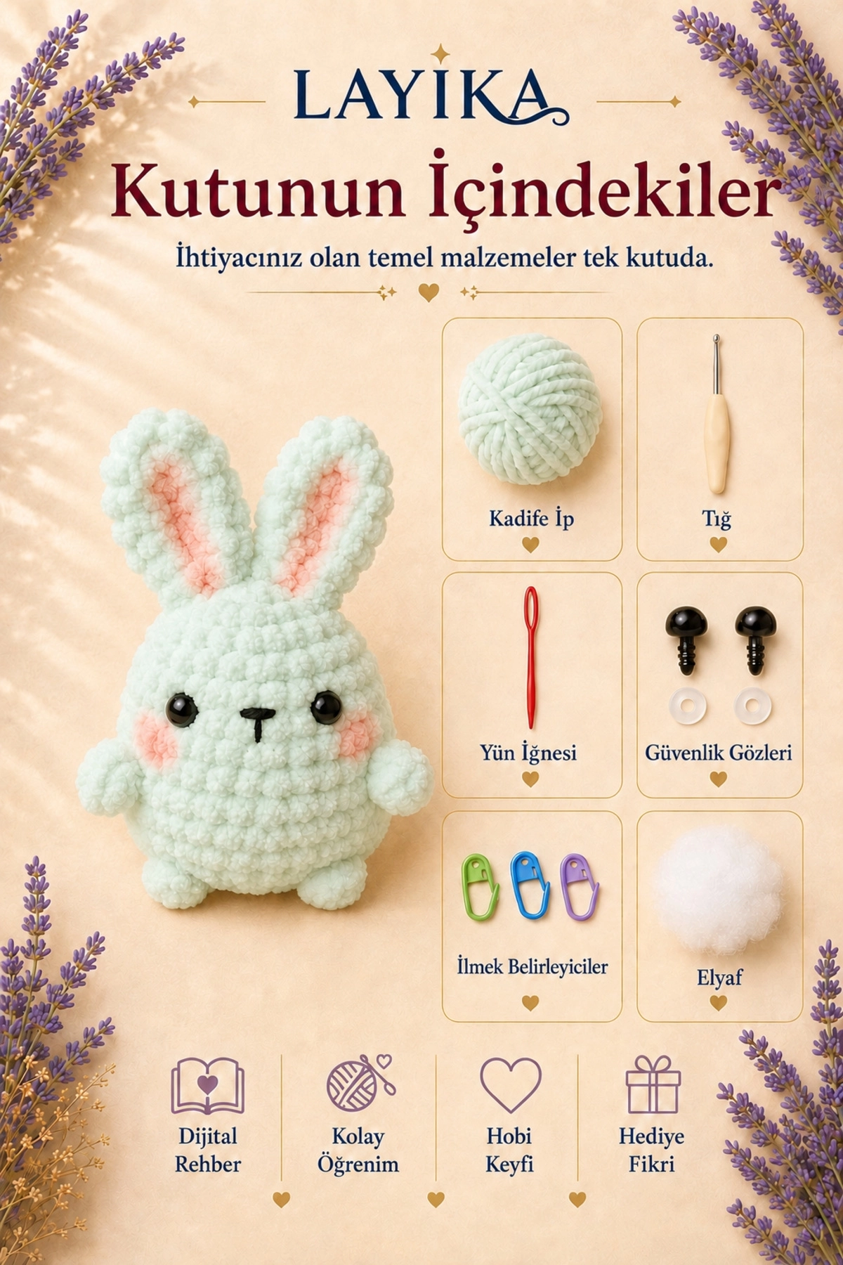 Kadife Marshmallow Tavşan Örgü Kiti – Video Rehberli Amigurumi Yapım Seti M04