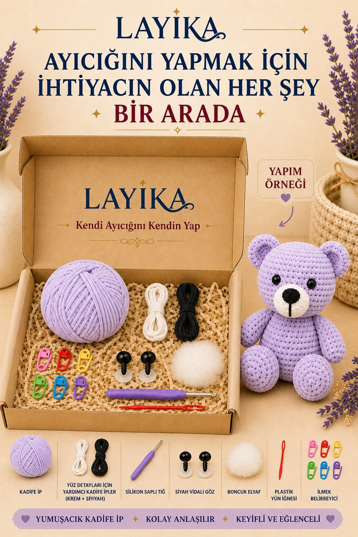 Kadife Ayıcık Örgü Kiti – Başlangıç Seviyesi Dijital Rehberli Amigurumi Yapım Seti Set-A06