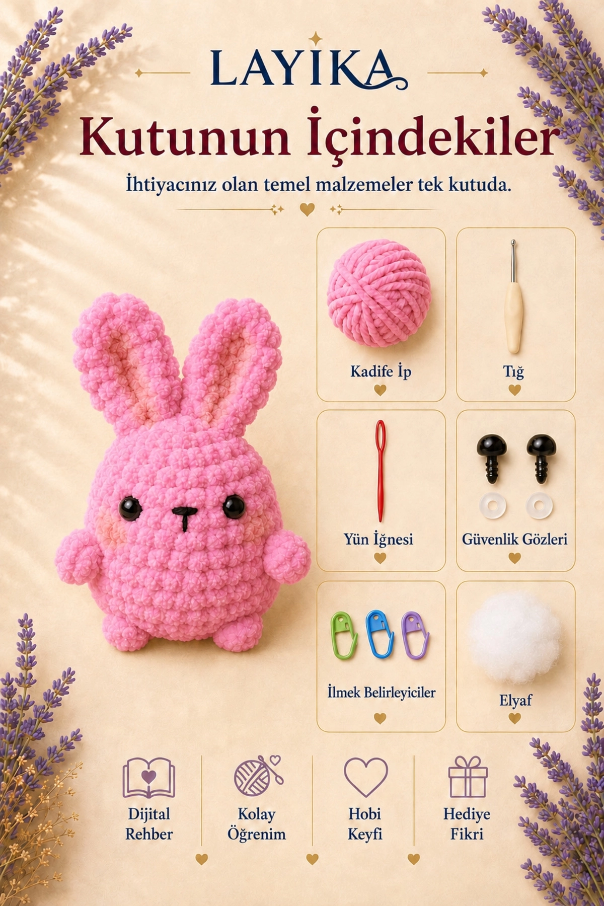 Kadife Marshmallow Tavşan Örgü Kiti – Video Rehberli Amigurumi Yapım Seti M07
