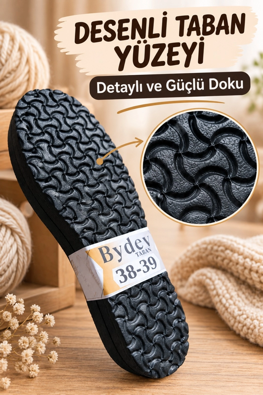Örgü Patik-Bot ve Terlik Tabanı 14 mm Kalın Siyah Papyon Desenli Örgü Ev Terliği Tabanı
