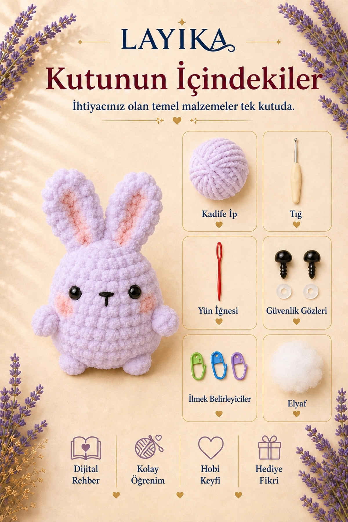 Kadife Marshmallow Tavşan Örgü Kiti – Video Rehberli Amigurumi Yapım Seti M03