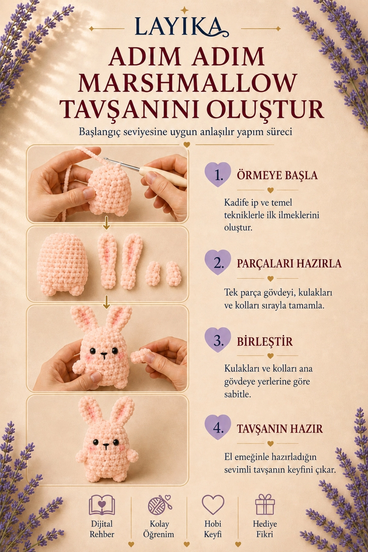 Kadife Marshmallow Tavşan Örgü Kiti – Video Rehberli Amigurumi Yapım Seti M06