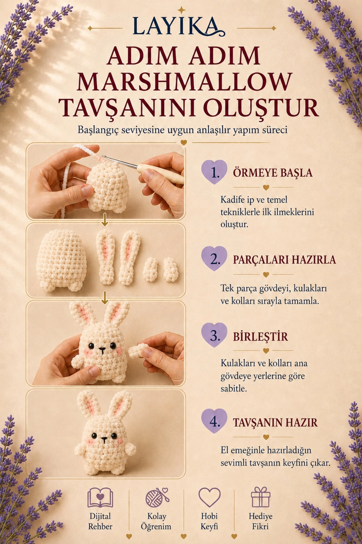 Kadife Marshmallow Tavşan Örgü Kiti – Video Rehberli Amigurumi Yapım Seti M05