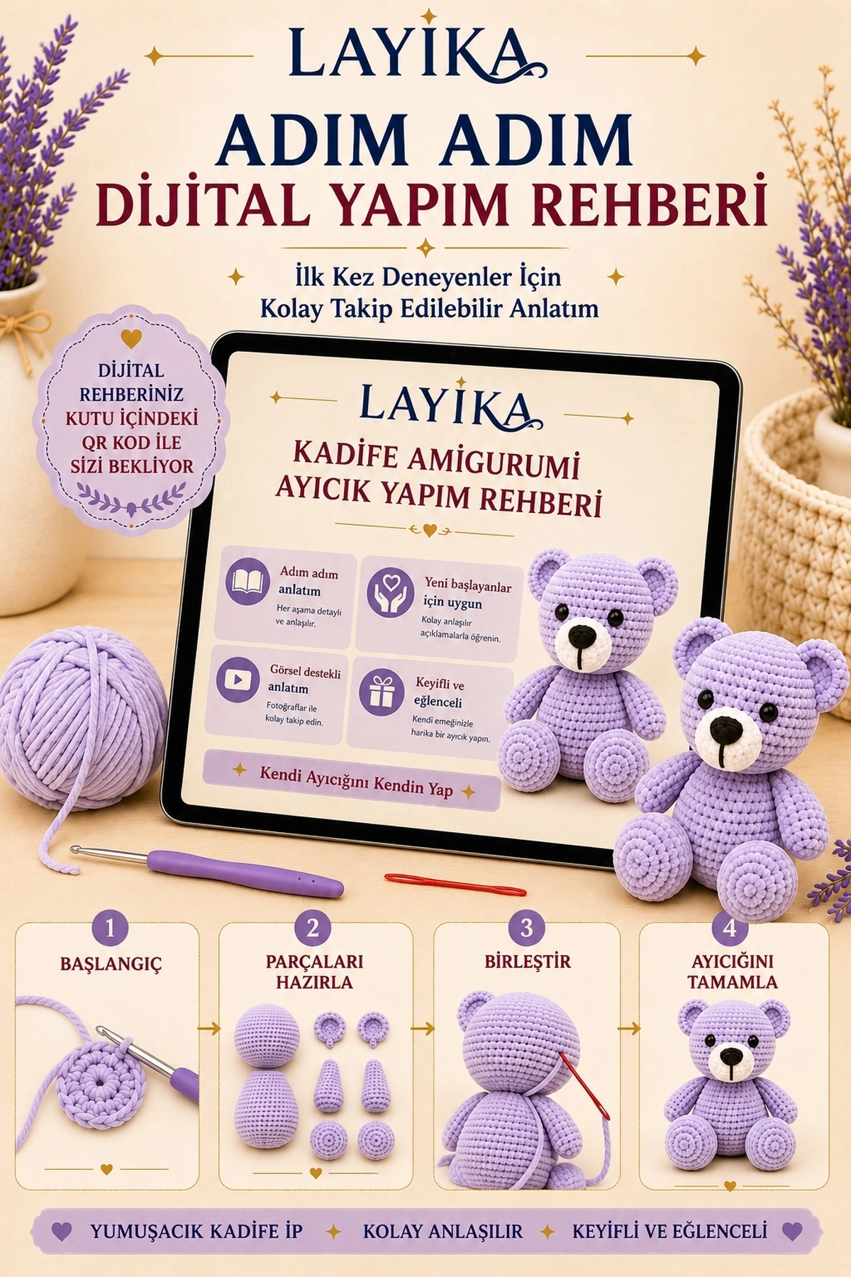 Kadife Ayıcık Örgü Kiti – Başlangıç Seviyesi Dijital Rehberli Amigurumi Yapım Seti Set-A06