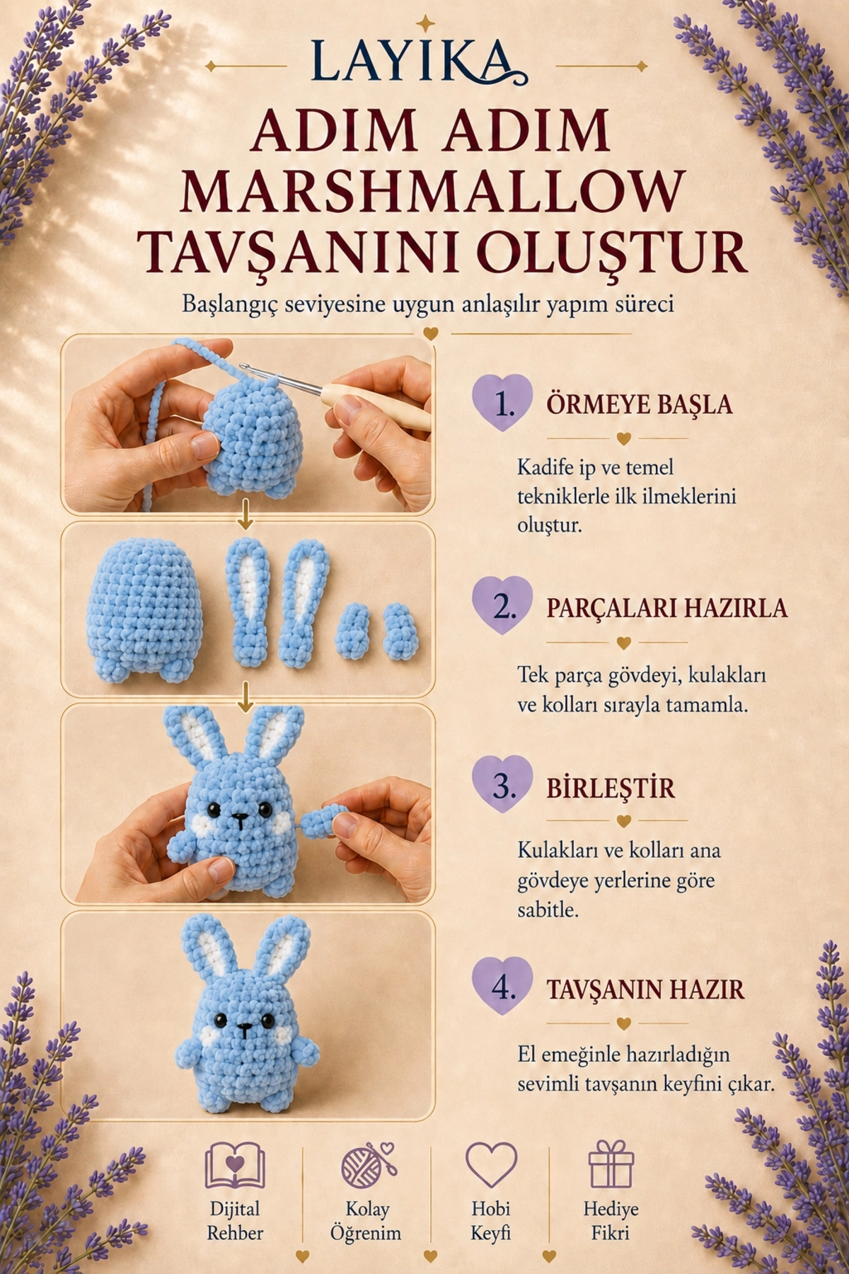 Kadife Marshmallow Tavşan Örgü Kiti – Video Rehberli Amigurumi Yapım Seti M10