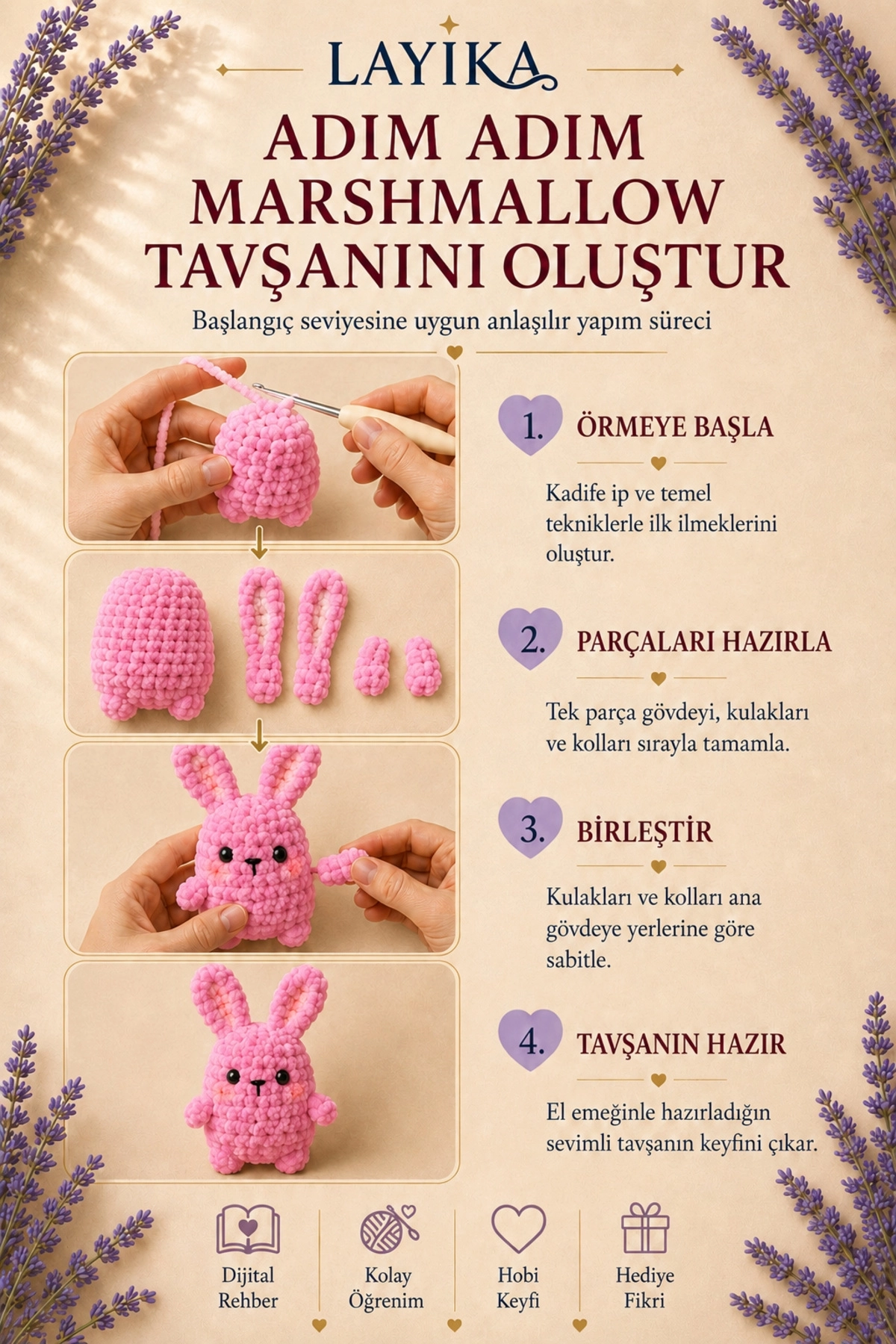 Kadife Marshmallow Tavşan Örgü Kiti – Video Rehberli Amigurumi Yapım Seti M07
