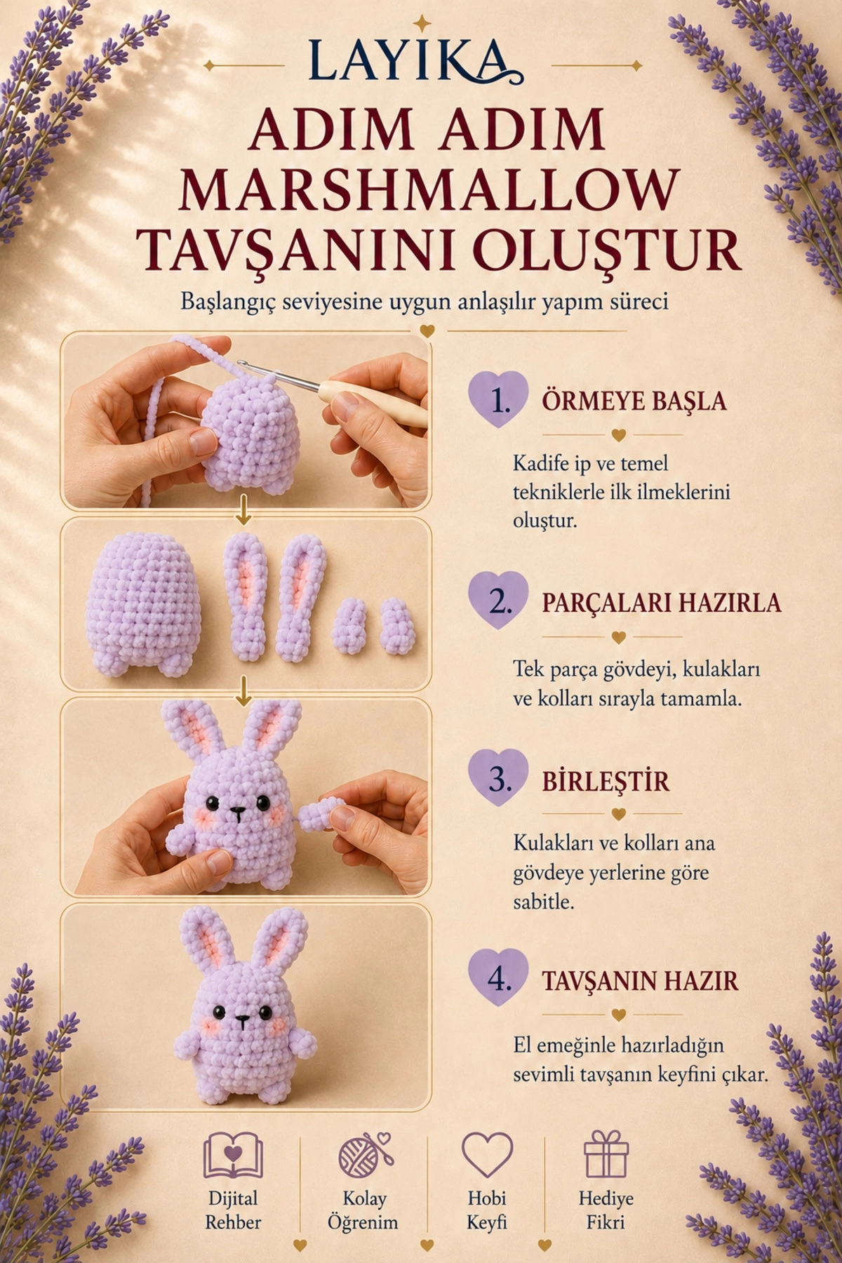 Kadife Marshmallow Tavşan Örgü Kiti – Video Rehberli Amigurumi Yapım Seti M03
