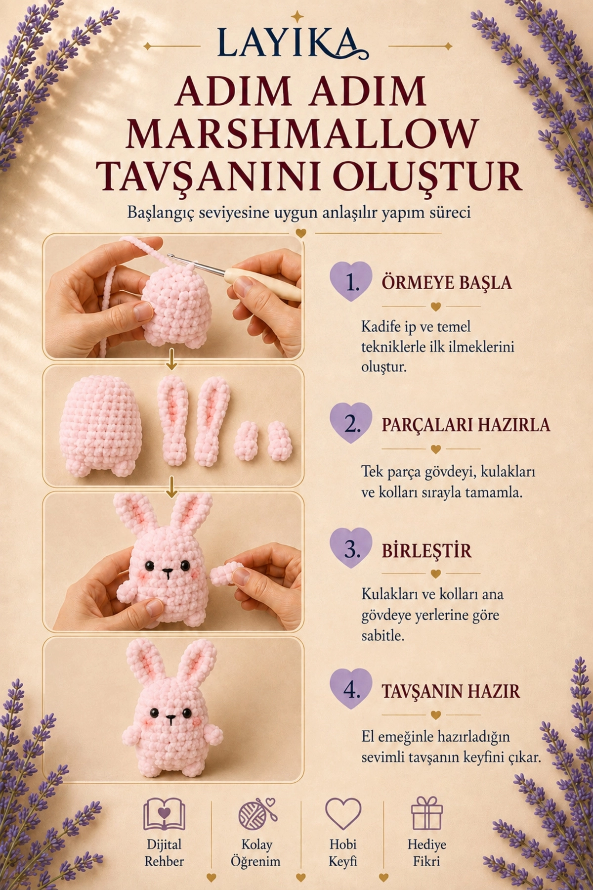 Kadife Marshmallow Tavşan Örgü Kiti – Video Rehberli Amigurumi Yapım Seti M02