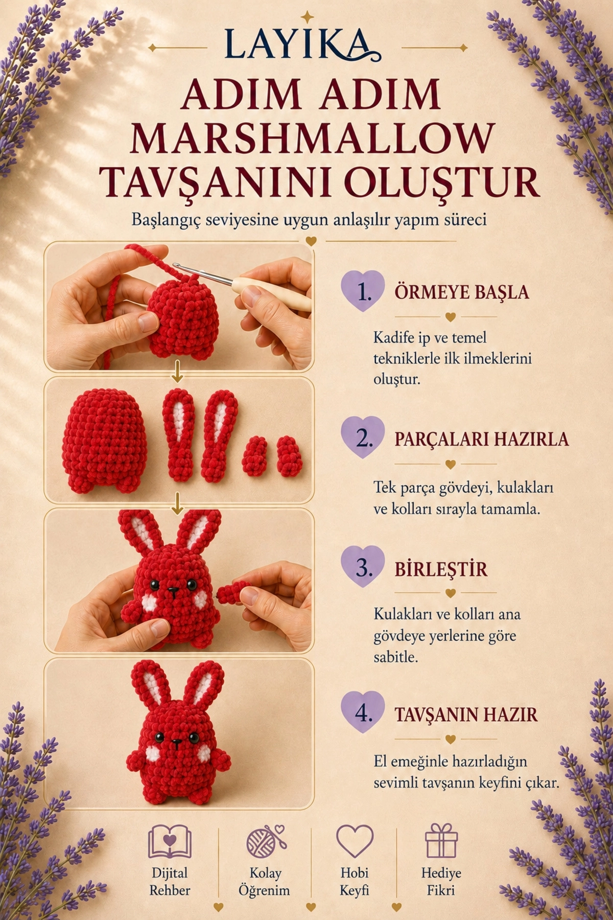 Kadife Marshmallow Tavşan Örgü Kiti – Video Rehberli Amigurumi Yapım Seti M08