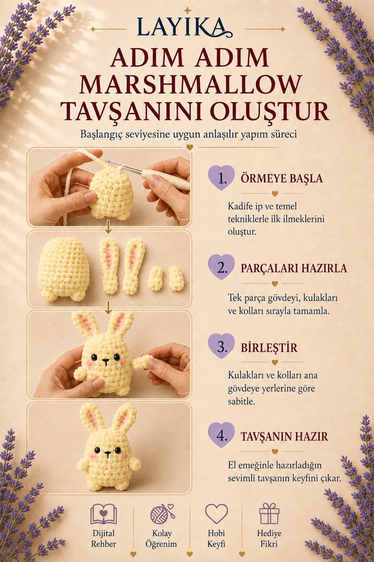 Kadife Marshmallow Tavşan Örgü Kiti – Video Rehberli Amigurumi Yapım Seti M09