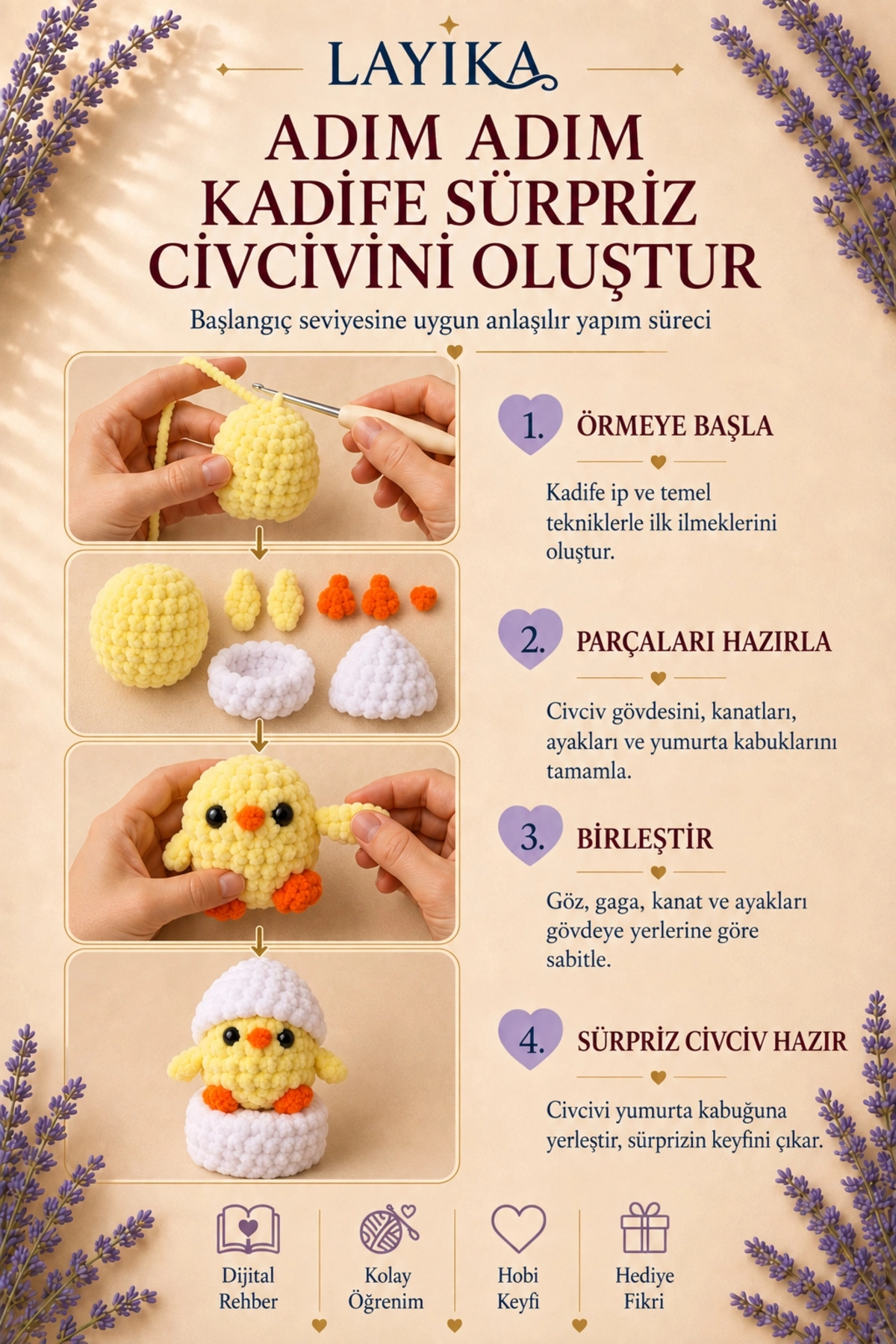 Kadife Sürpriz Civciv Örgü Kiti – Dijital Video Rehberli Amigurumi Yapım Seti