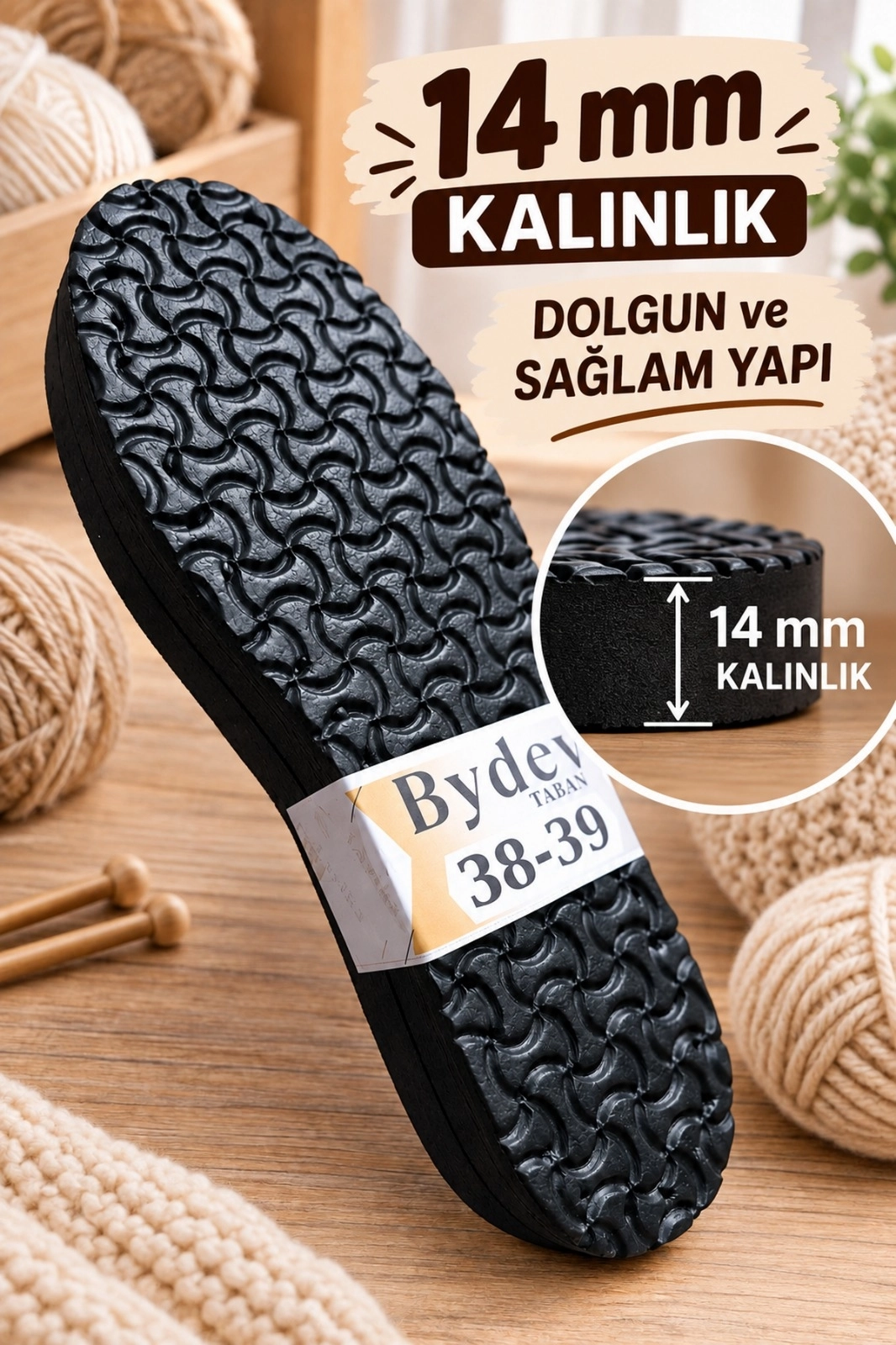 Örgü Patik-Bot ve Terlik Tabanı 14 mm Kalın Siyah Papyon Desenli Örgü Ev Terliği Tabanı