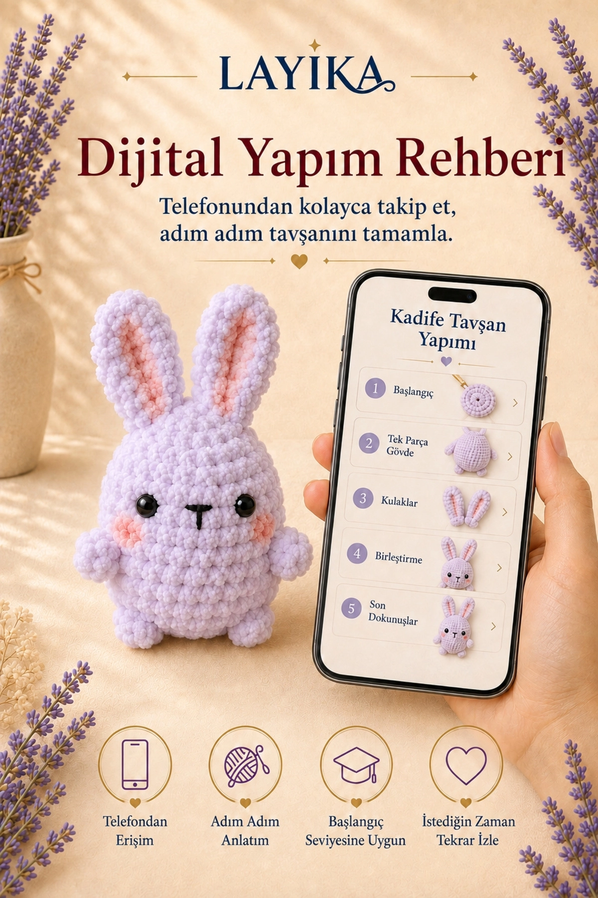 Kadife Marshmallow Tavşan Örgü Kiti – Video Rehberli Amigurumi Yapım Seti M03
