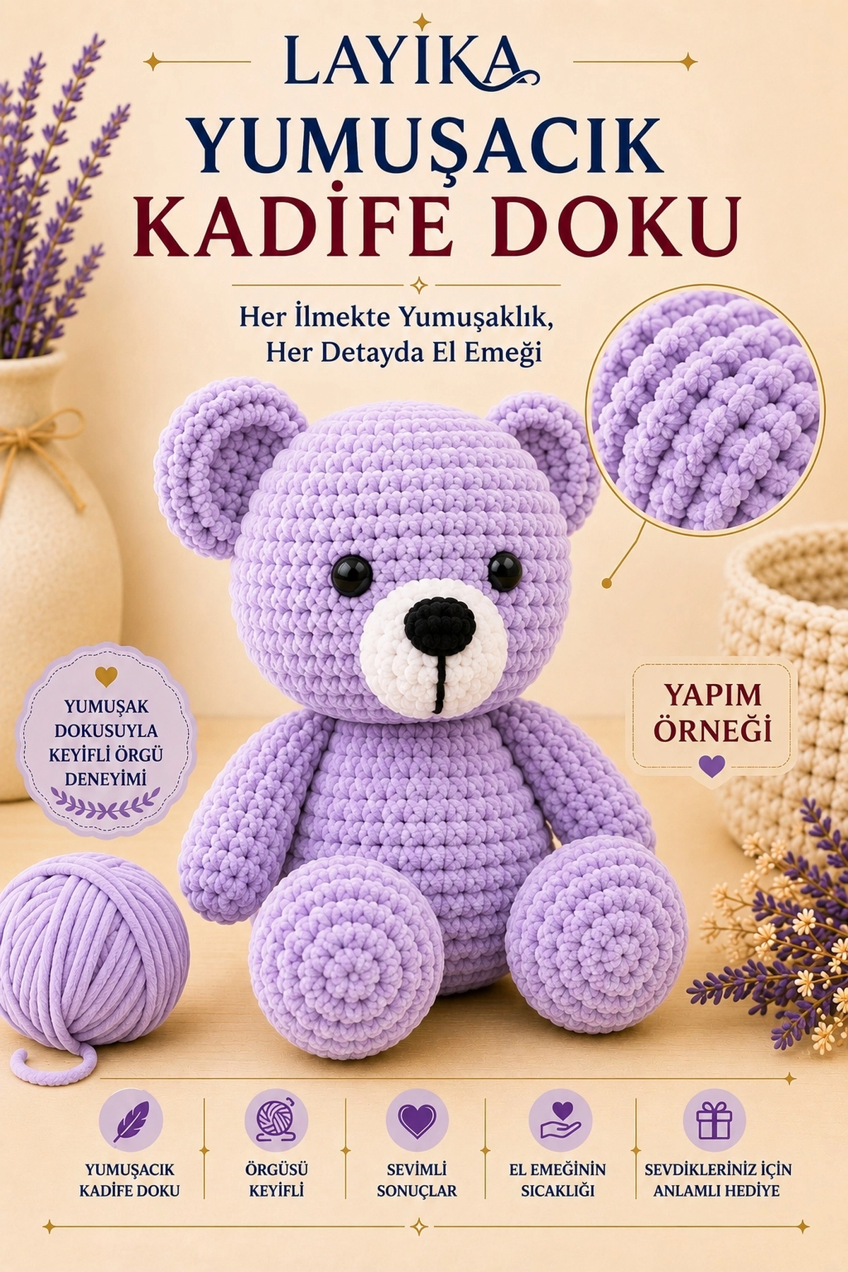 Kadife Ayıcık Örgü Kiti – Başlangıç Seviyesi Dijital Rehberli Amigurumi Yapım Seti Set-A06