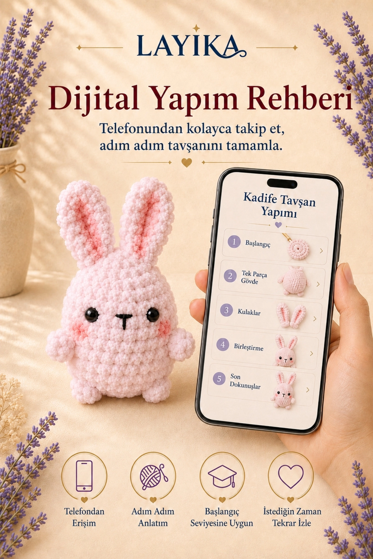 Kadife Marshmallow Tavşan Örgü Kiti – Video Rehberli Amigurumi Yapım Seti M02