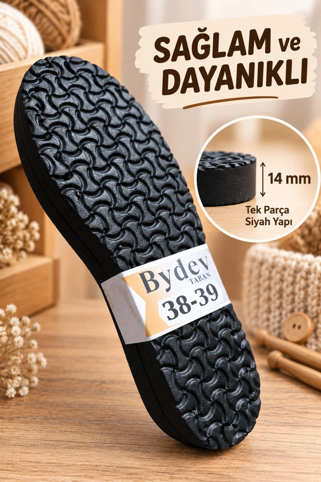 Örgü Patik-Bot ve Terlik Tabanı 14 mm Kalın Siyah Papyon Desenli Örgü Ev Terliği Tabanı