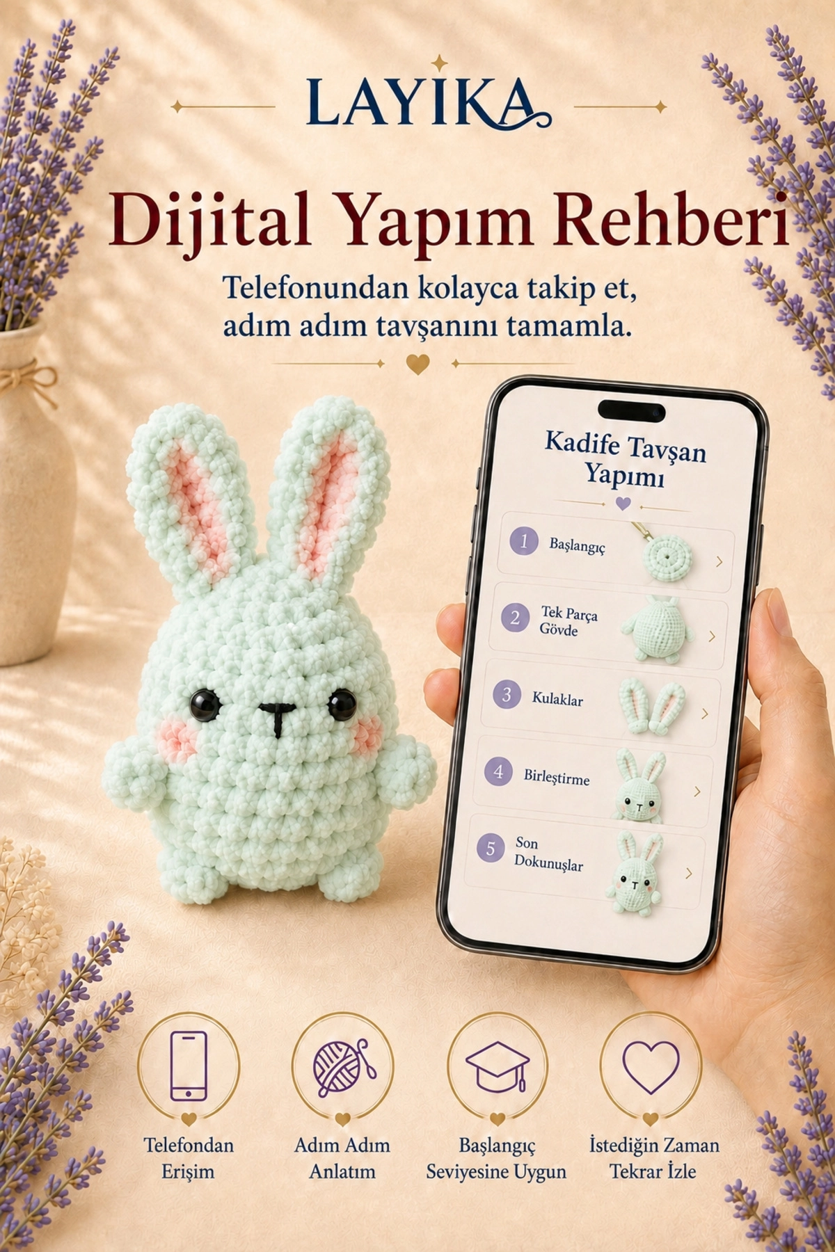 Kadife Marshmallow Tavşan Örgü Kiti – Video Rehberli Amigurumi Yapım Seti M04