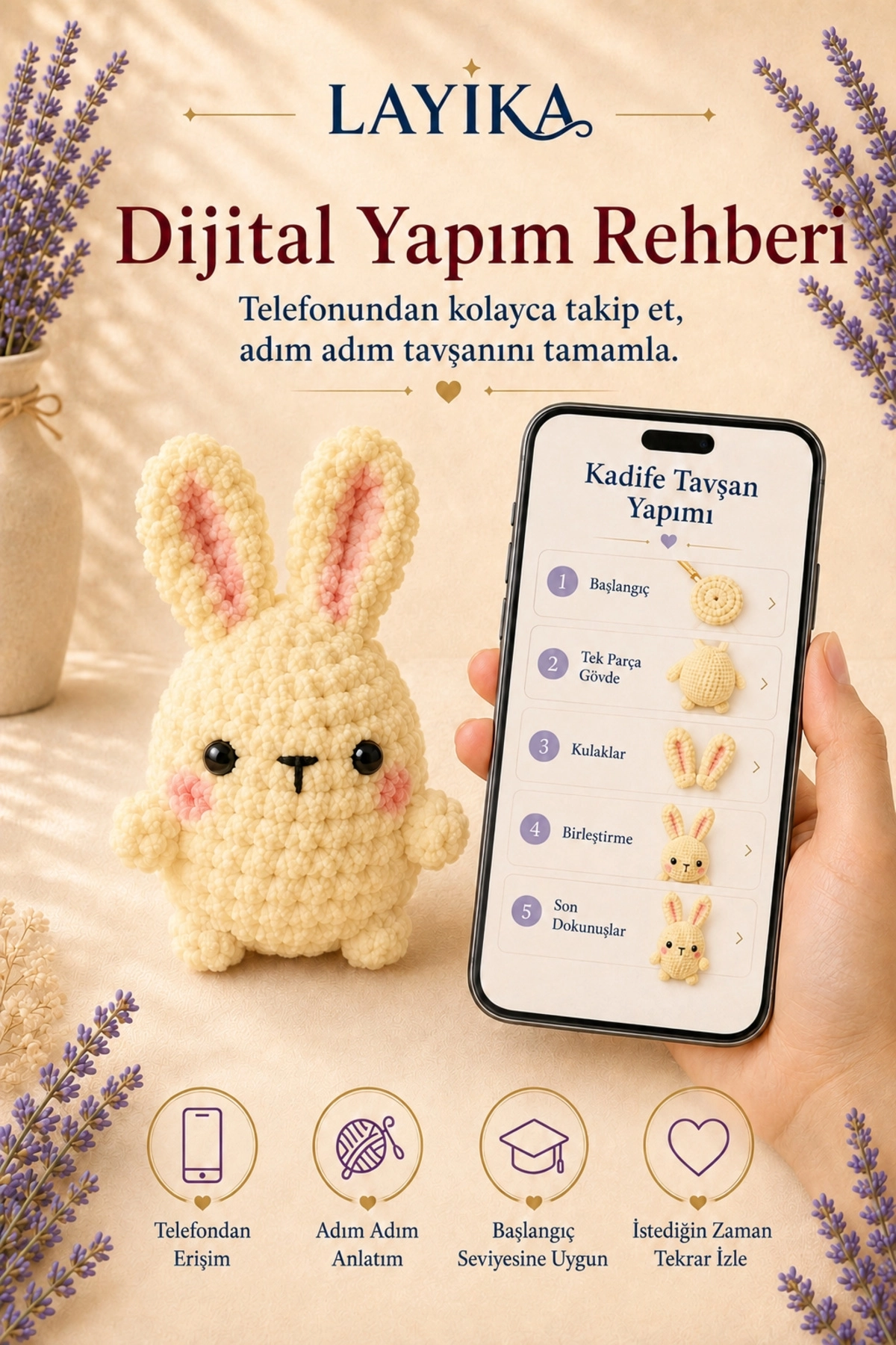 Kadife Marshmallow Tavşan Örgü Kiti – Video Rehberli Amigurumi Yapım Seti M09