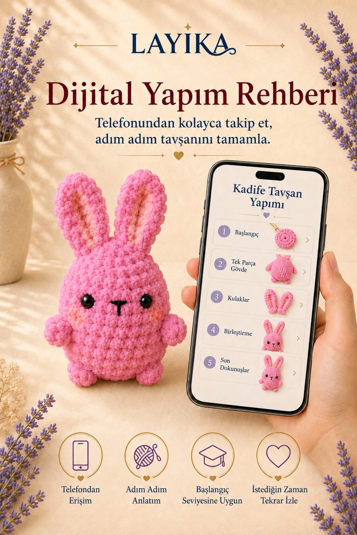 Kadife Marshmallow Tavşan Örgü Kiti – Video Rehberli Amigurumi Yapım Seti M07