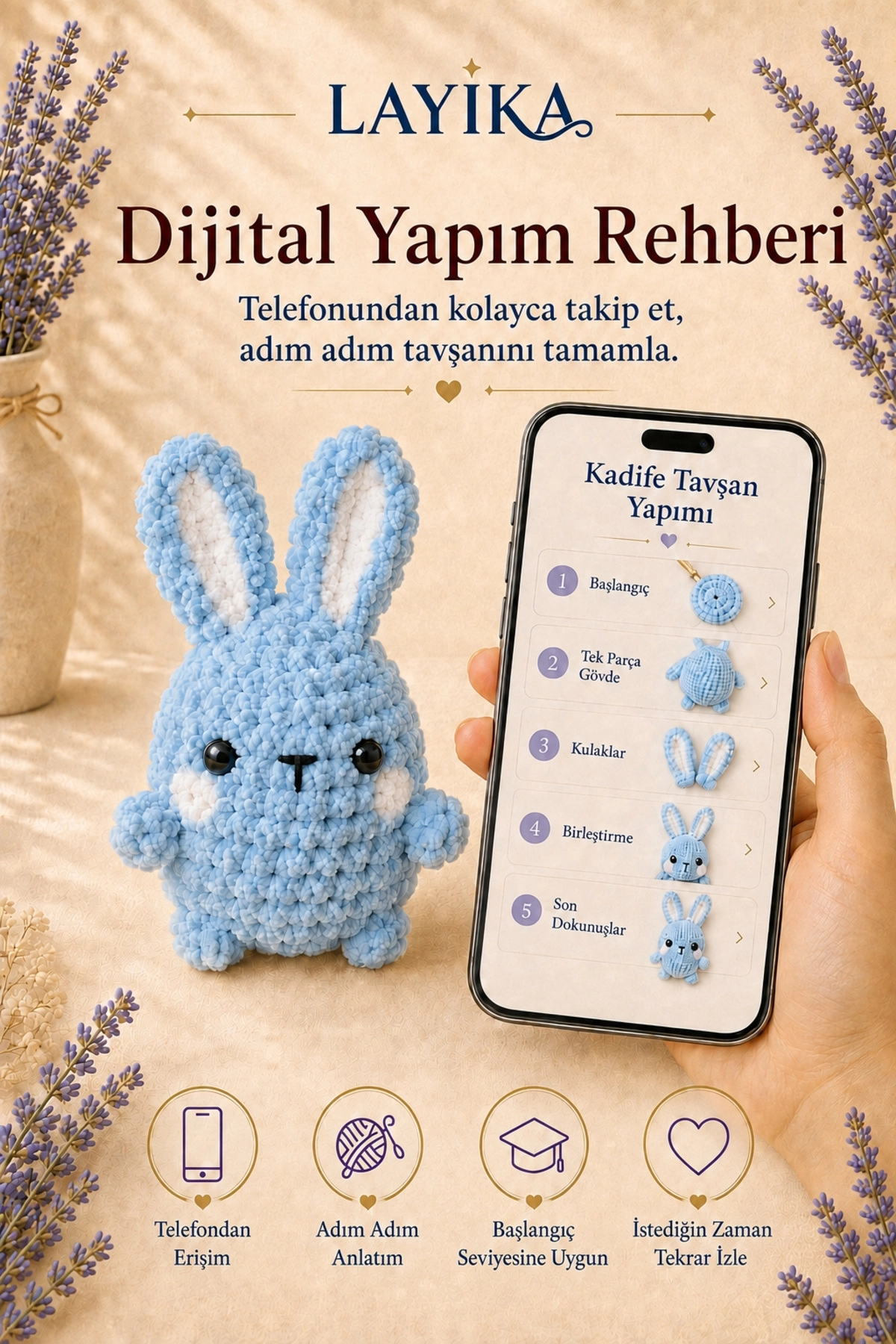 Kadife Marshmallow Tavşan Örgü Kiti – Video Rehberli Amigurumi Yapım Seti M10