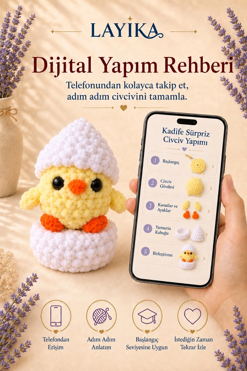 Kadife Sürpriz Civciv Örgü Kiti – Dijital Video Rehberli Amigurumi Yapım Seti