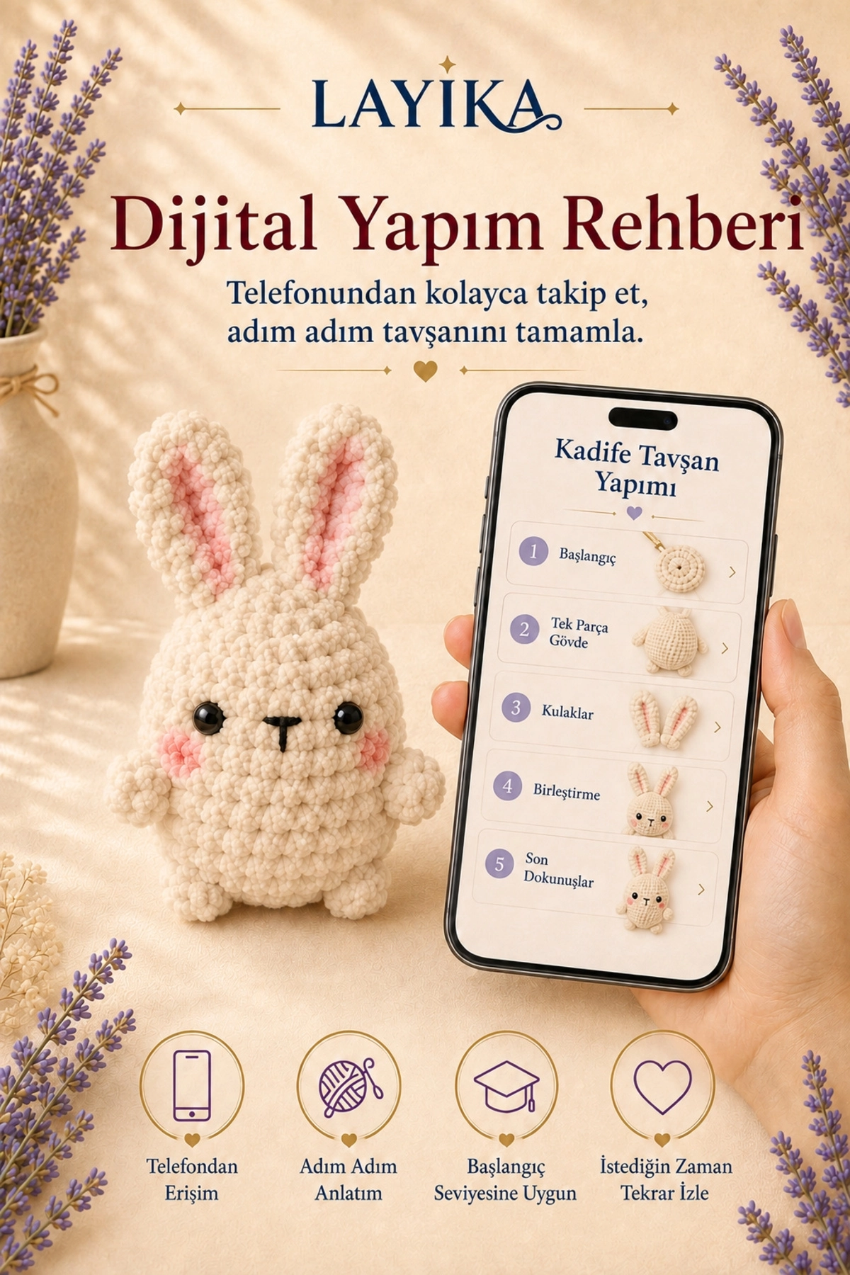 Kadife Marshmallow Tavşan Örgü Kiti – Video Rehberli Amigurumi Yapım Seti M05