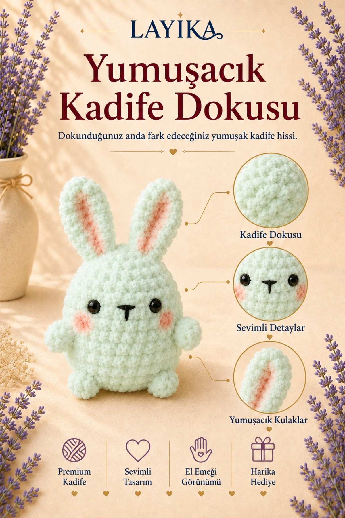 Kadife Marshmallow Tavşan Örgü Kiti – Video Rehberli Amigurumi Yapım Seti M04