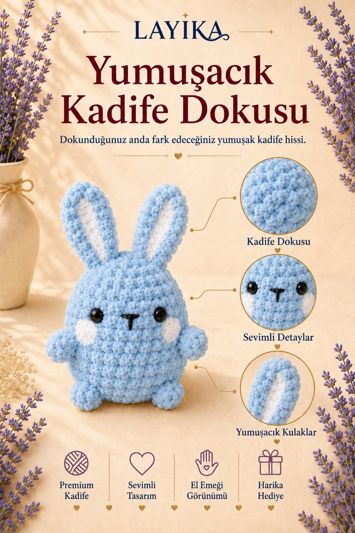 Kadife Marshmallow Tavşan Örgü Kiti – Video Rehberli Amigurumi Yapım Seti M10