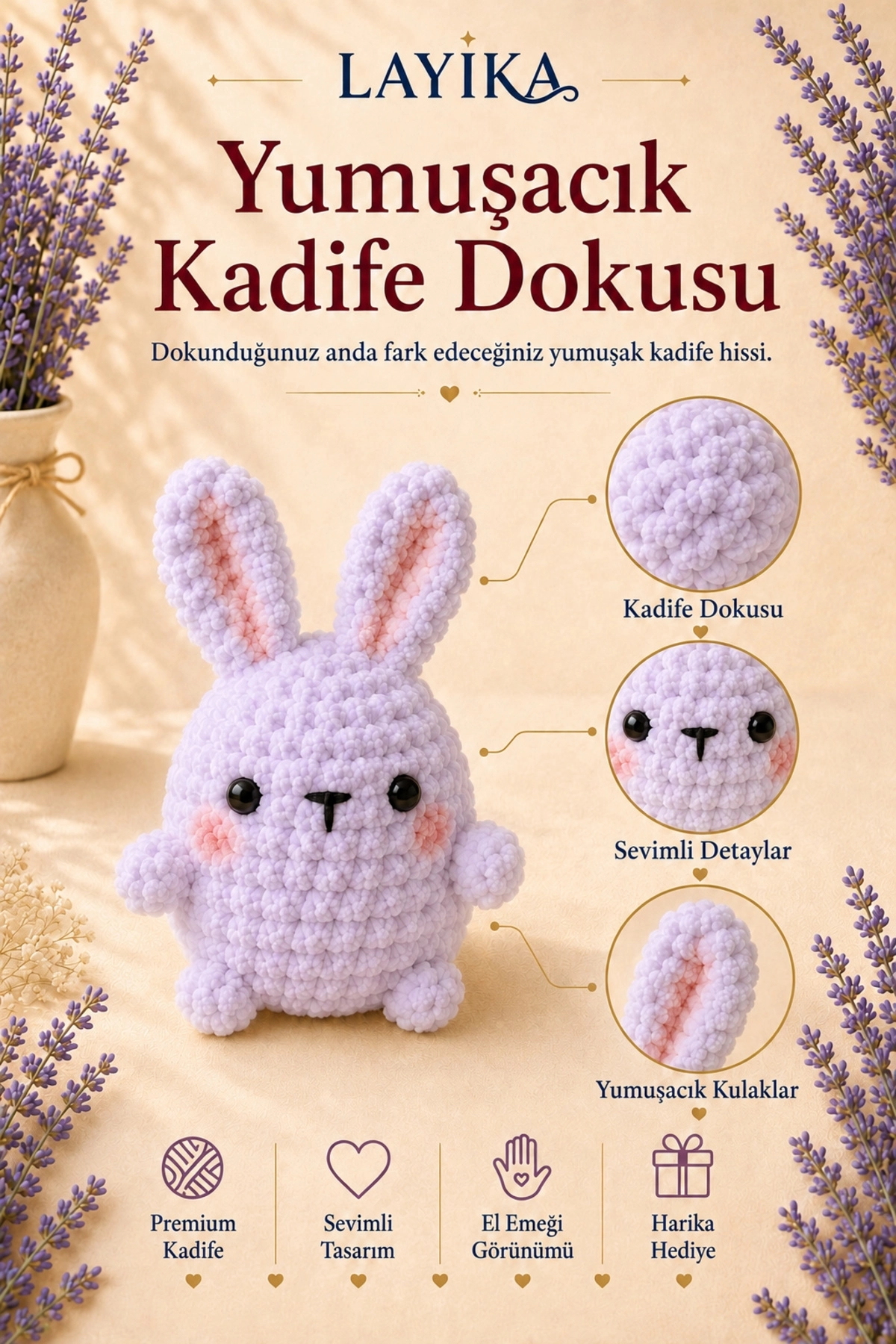 Kadife Marshmallow Tavşan Örgü Kiti – Video Rehberli Amigurumi Yapım Seti M03