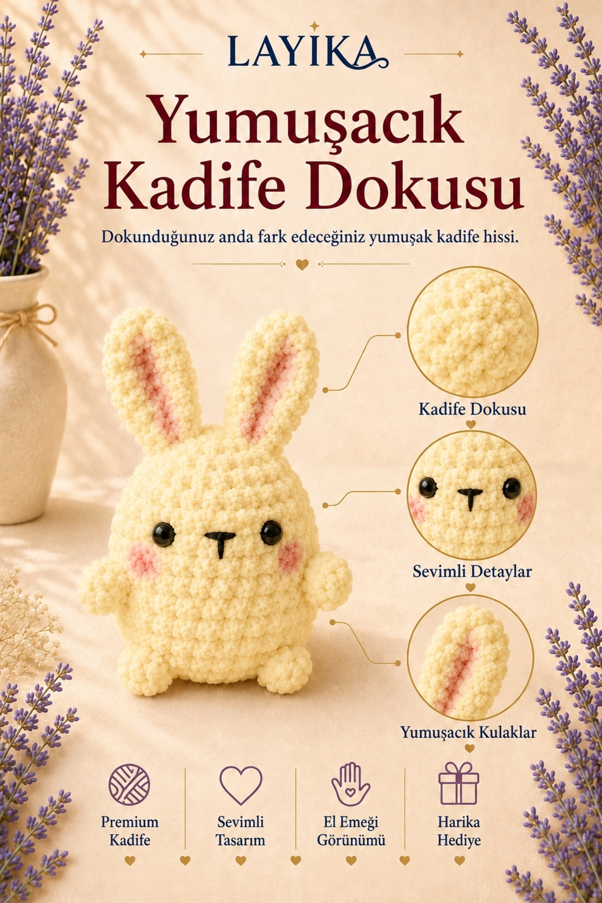 Kadife Marshmallow Tavşan Örgü Kiti – Video Rehberli Amigurumi Yapım Seti M09